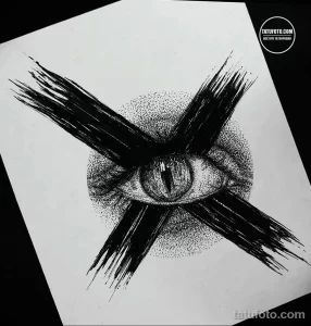 Черно-белый эскиз татуировки глаза, выполненный в технике Pointillism с использованием множества точек для создания изображения.