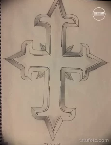 Черно-белый эскиз татуировки креста, выполненный в стиле Blackwork с использованием геометрических форм и четких линий.
