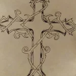 Черно-белый эскиз татуировки креста, обвитого ветвями и листьями, выполненный в органическом стиле.