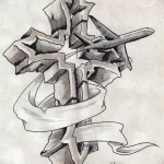 Черно-белый эскиз татуировки креста, на котором изображен самолет и развевающаяся лента. Символическая композиция, отражающая стремление к свободе.