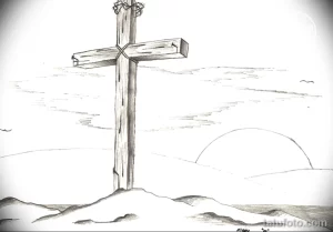 Эскиз тату креста, стоящего на холме на фоне заката. Символизирует надежду, веру и новое начало.