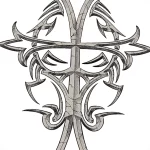 Фото тату креста в стиле blackwork с геометрическими элементами. Эскиз татуировки с использованием черных линий и теней, создающий эффект объема.