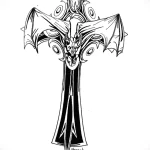 Черно-белая татуировка в стиле dark art, изображающая крест с драконом. Детализированный рисунок с острыми линиями и мистической атмосферой.