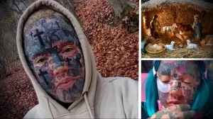 Фото тату: лицо мужчины покрыто сложным рисунком, включающим кресты, религиозные сцены и портреты. Яркие цвета и детализированная проработка.