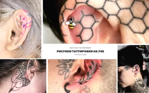 Фото тату: коллаж с различными татуировками на ухе. Минималистичные рисунки, геометрические узоры, цветочные мотивы и другие идеи.