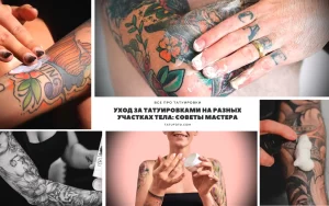 Коллаж из фотографий, демонстрирующих процесс ухода за татуировкой: нанесение крема, заживление, примеры татуировок на разных частях тела.