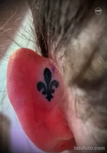 Фото тату: яркая красная татуировка с изображением Fleur-de-lis на коже за ухом. Четкий контур и насыщенный цвет.