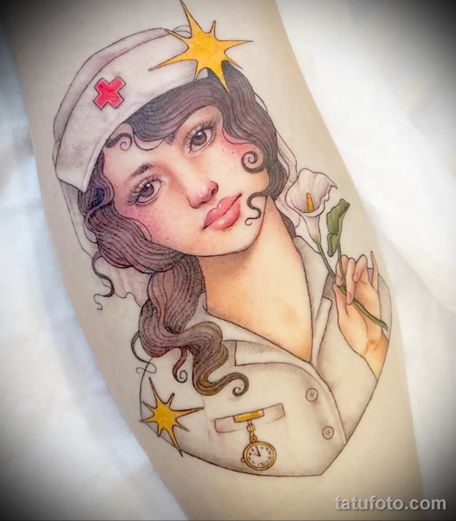 Белоснежный рисунок татуировки с медсестрой на руке - tatufoto.com 110223 - 002