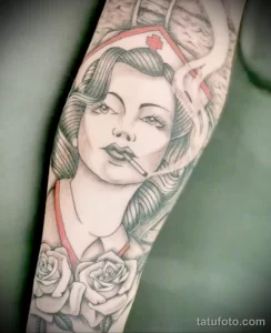 рисунок татуировки медсестра с дымящейся сигаретой в зубах - tatufoto.com 110223 - 060