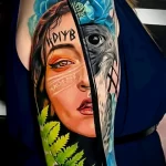 крутая цветная художественная татуировка с соколом портретом девушки и славянскими рунами - tatufoto.com 080323 - 016