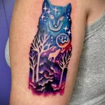 рисунок татуировки лес Волк и космос