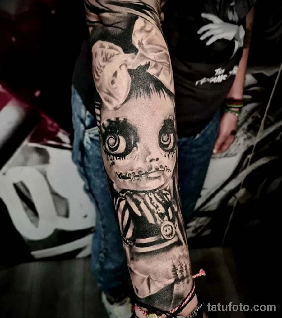 рисунок татуировки на руке страшная кукла девочка с зашитым ртом - tatufoto.com 180323 - 050