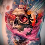 цветной рисунок татуировки с черепом который взрывается в космосе