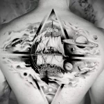 чёрно-белый рисунок татуировки с парусником в космосе