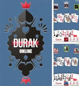 Скриншот мобильного приложения Durak Online, демонстрирующий игровой процесс с картами и интерфейс пользователя.