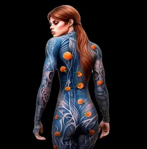 Фото тату: девушка с татуировкой в стиле биомеханика на спине, украшенной изображениями фруктов.