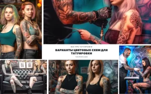 Коллаж из фотографий, демонстрирующих девушек с татуировками, процесс нанесения тату и эскизы татуировок.