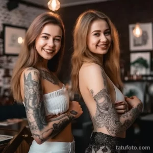 Фото двух девушек с татуировками на руках, улыбающихся в тату-студии. На руках девушек видны татуировки с геометрическими узорами.