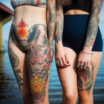 Фотография двух девушек с яркими и детализированными татуировками на бедрах и руках, демонстрирующими красоту, смелость и индивидуальность.