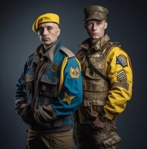 Фотография двух военных в современной военной форме с элементами украинской символики, демонстрирующая силу, решимость и патриотизм.