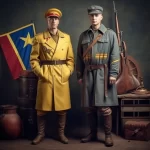 Изображение двух военных в форме начала 20 века на фоне флага и старинных предметов, символизирующее историческую эпоху и патриотизм.