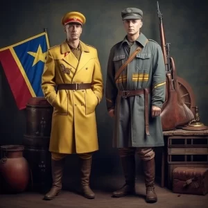 Изображение двух военных в форме начала 20 века на фоне флага и старинных предметов, символизирующее историческую эпоху и патриотизм.