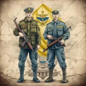 Изображение двух военных в старинной форме на фоне крылатого щита, символизирующее силу, честь и историческое наследие.