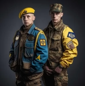 Фотография двух военных в современной военной форме с элементами украинской символики, демонстрирующая силу, решимость и патриотизм.