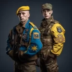 Фотография двух военных в современной военной форме с элементами украинской символики, демонстрирующая силу, решимость и патриотизм.