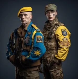 Фотография двух военных в современной военной форме с элементами украинской символики, демонстрирующая силу, решимость и патриотизм.