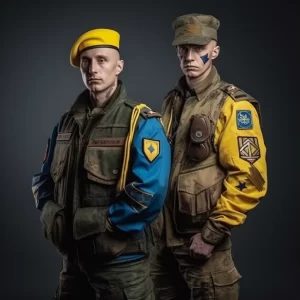 Фото двух военных мужчин с татуировками на руках. Патриотическая тематика татуировок, реалистичный стиль, военная форма.