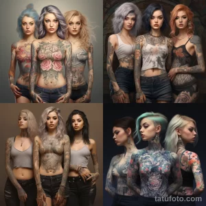 Коллаж из фотографий девушек с татуировками на теле. Разнообразие стилей, сюжетов и цветовых решений.