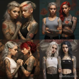 Коллаж из четырех фотографий, демонстрирующих девушек с обилием татуировок на руках, шее и плечах, в различных стилях и цветовых решениях.