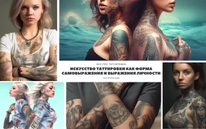 Коллаж из фотографий девушек с татуировками на руках, шее и теле, демонстрирующий разнообразие стилей и рисунков татуировок.