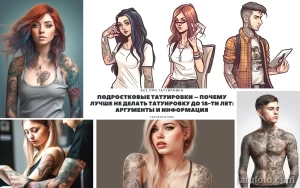 Коллаж из фотографий девушек и парней с разнообразными татуировками на руках, ногах и торсе. Стиль тату варьируется от реализма до графики.