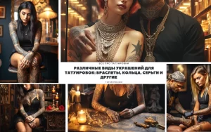 Коллаж из нескольких фотографий девушки и мужчины с татуировками и различными украшениями. Фотографии демонстрируют татуировки на руках, шее и других частях тела.