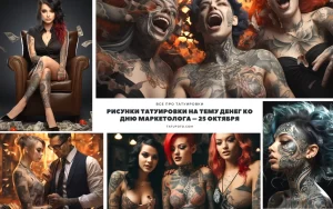 Коллаж из нескольких фотографий девушки с татуировками на тему денег. Девушка демонстрирует татуировки на руках, ногах и туловище.