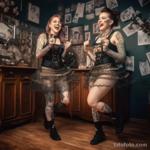 Фото тату: две девушки с татуировками в тату-салоне, смеются и танцуют, создавая атмосферу веселья и беззаботности.