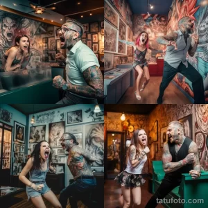 Фото тату: коллаж из нескольких фотографий, изображающих девушек и мужчин с татуировками, выражающих сильные эмоции в тату-салоне.