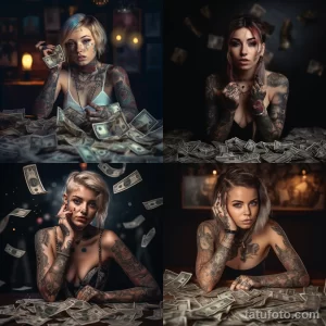 Коллаж из четырех фотографий девушек, покрытых татуировками, в окружении денег. Провокационный образ, символизирующий свободу, независимость и материальное благополучие.