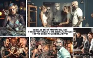 Фото тату-студии с мастерами и клиентами, демонстрирующее процесс создания татуировки и атмосферу заведения.