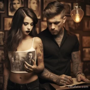 Фотография пары с татуировками на телах, демонстрирующая их любовь и страсть к искусству татуировки, с акцентом на детали и символизм.