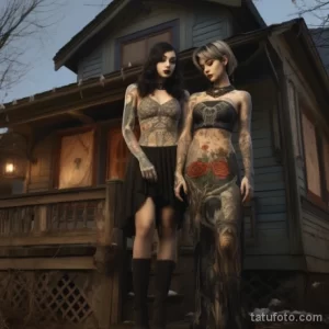 Фотография двух девушек с татуировками на телах, стоящих на фоне старинного дома, демонстрирующая разнообразие стилей и мотивов татуировок.