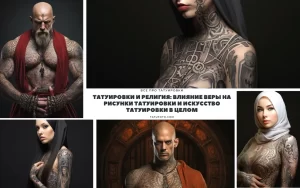 Коллаж из нескольких изображений мужчин и женщин с религиозными татуировками. Различные стили и сюжеты татуировок, отражающие религиозные мотивы.