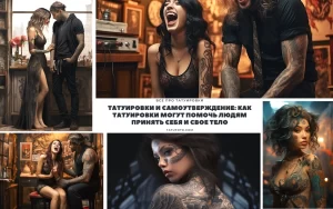 Фото тату: коллаж из нескольких изображений пары с татуировками, демонстрирующий различные эмоции и позы.
