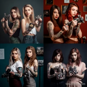 Коллаж из нескольких фотографий девушек-тату мастеров с татуировками на руках, держащих в руках тату-аппараты. Разнообразие стилей и сюжетов татуировок.