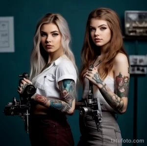 Фотография двух девушек-тату мастеров с татуировками на руках, держащих в руках тату-аппараты. Профессиональный и стильный образ на фоне бирюзовой стены.