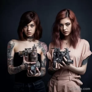 Фотография двух девушек-тату мастеров с татуировками на руках, держащих в руках тату-аппараты. Профессиональный и стильный образ.