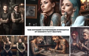 Фотографии тату-мастеров и клиентов, демонстрирующие профессионализм и качество работы в тату-студии.