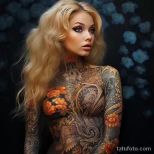 Фотография девушки с масштабной татуировкой на теле, изображающей драконов и цветы. Изображение демонстрирует яркие цвета и детализированный рисунок.